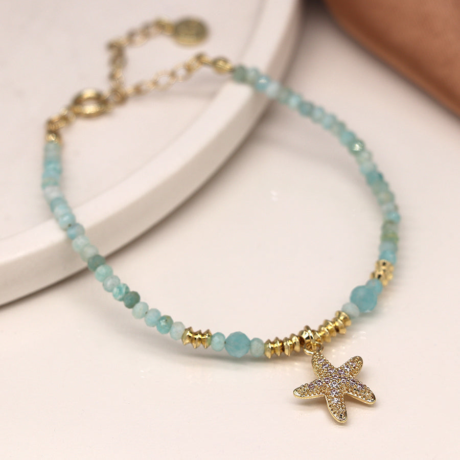 Golden Aqua Bead & Crystal Starfish Bracelet