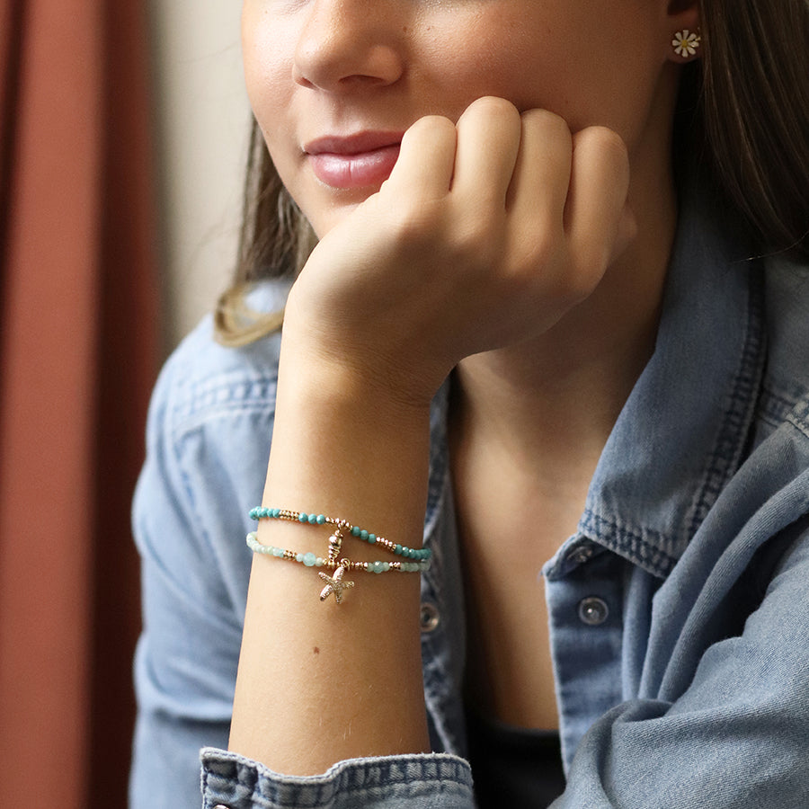 Golden Aqua Bead & Crystal Starfish Bracelet