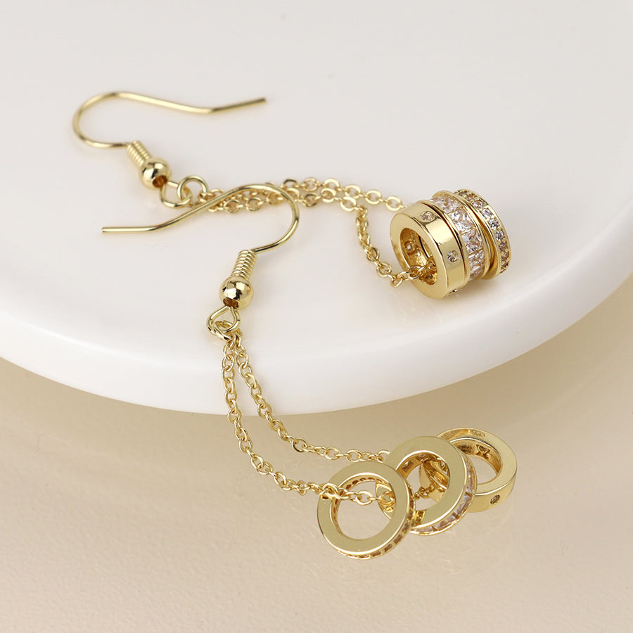 POM - Golden Triple Crystal Rings & Chain Earrings