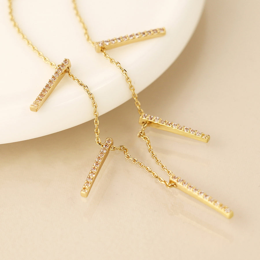 POM - Golden Fine Chain & Crystal Bars Drop Necklace