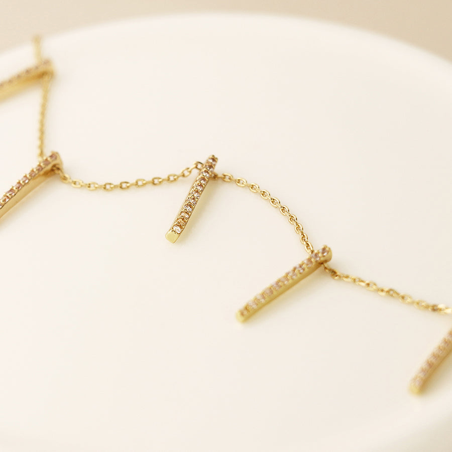 POM - Golden Fine Chain & Crystal Bars Drop Necklace