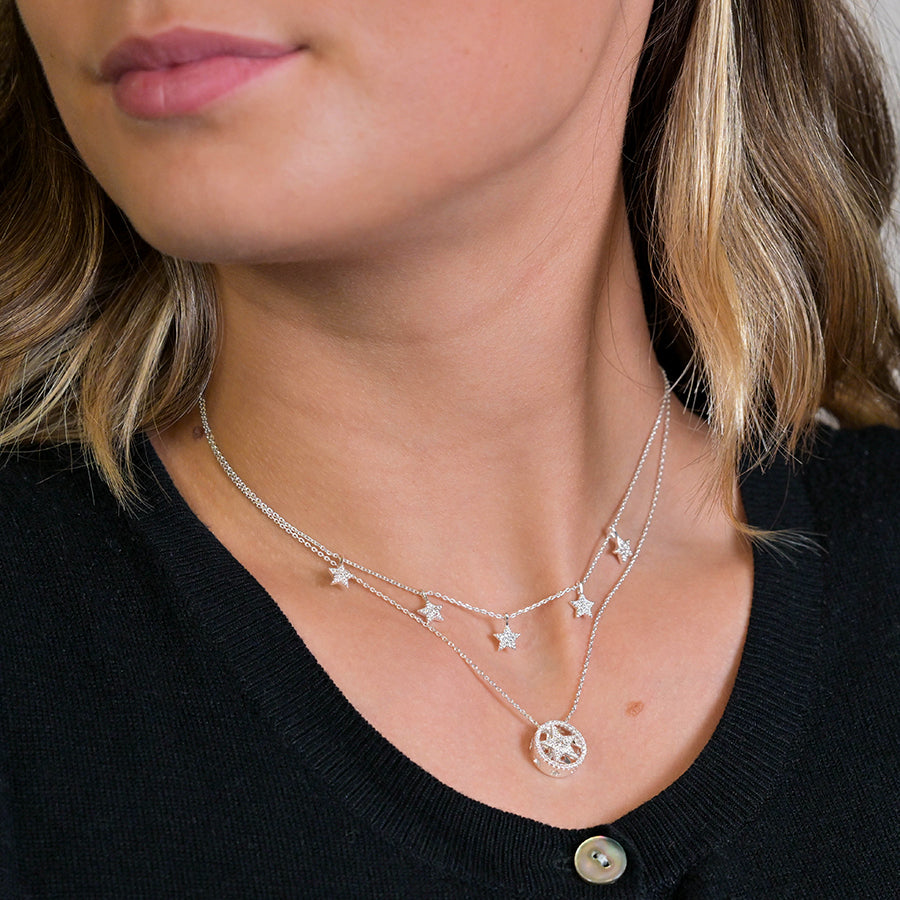 POM - Silver Plated Chain & Crystal Star Drops Necklace