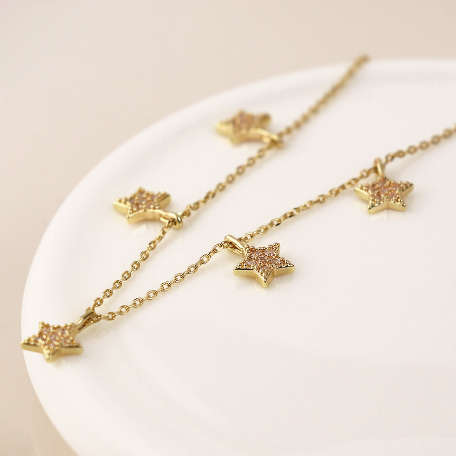 POM - Golden Fine Chain & Crystal Star Drops Necklace