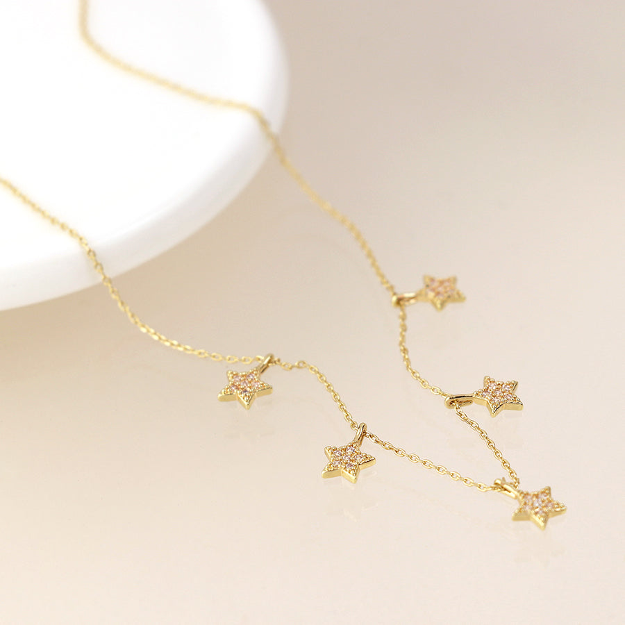 POM - Golden Fine Chain & Crystal Star Drops Necklace