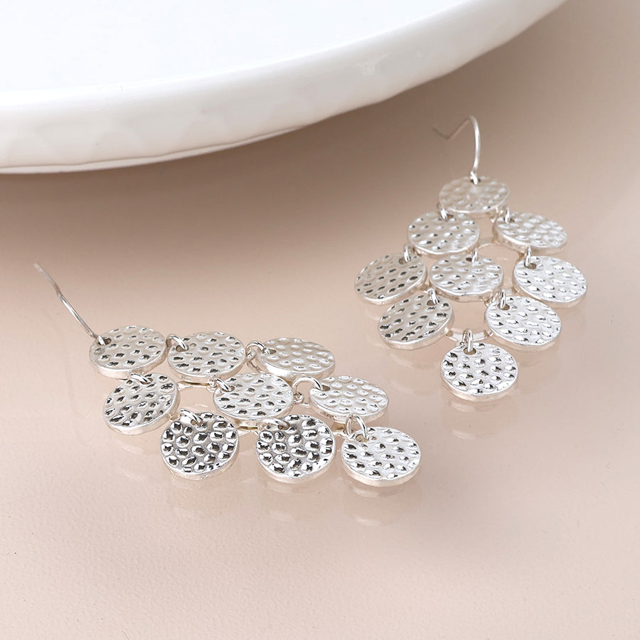 Silver Plated Multi Hammered Disc Drop Earrings
