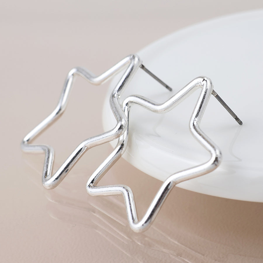 POM - Silver Plated Worn Open Star Earrings