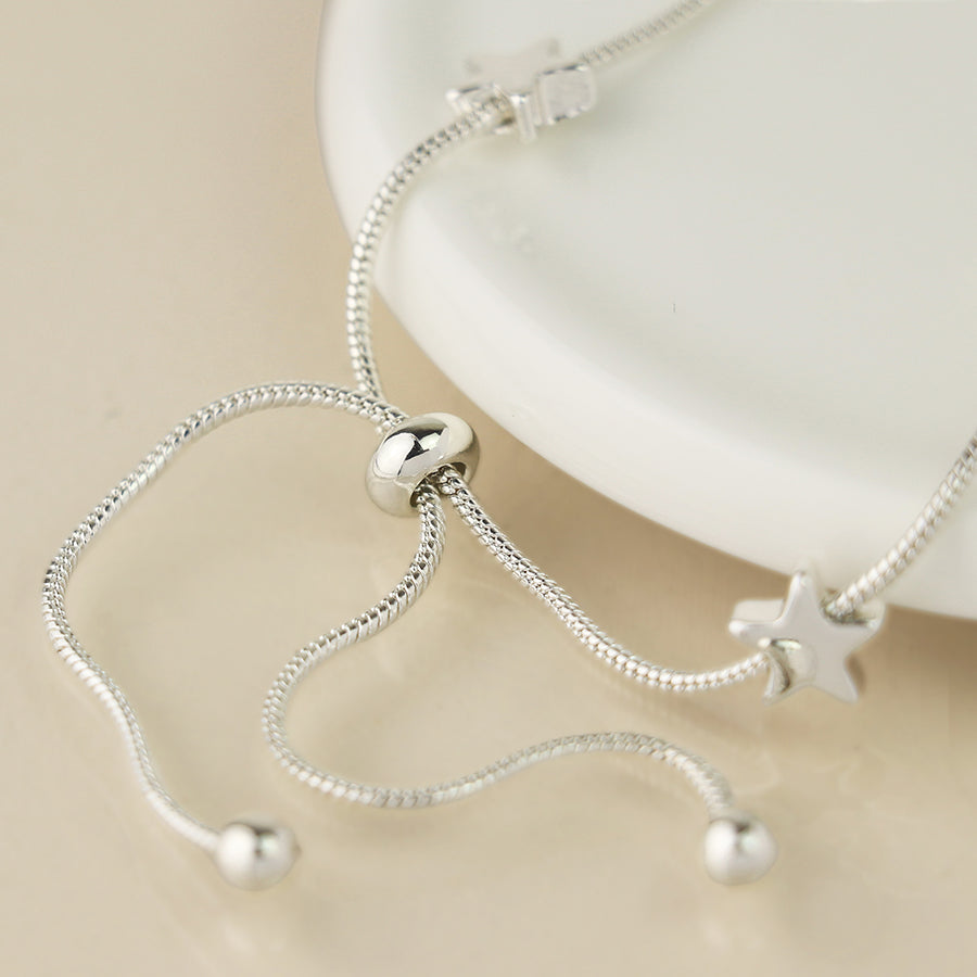 POM - Silver Plated Snake Chain & Stars Adjustable Bracelet