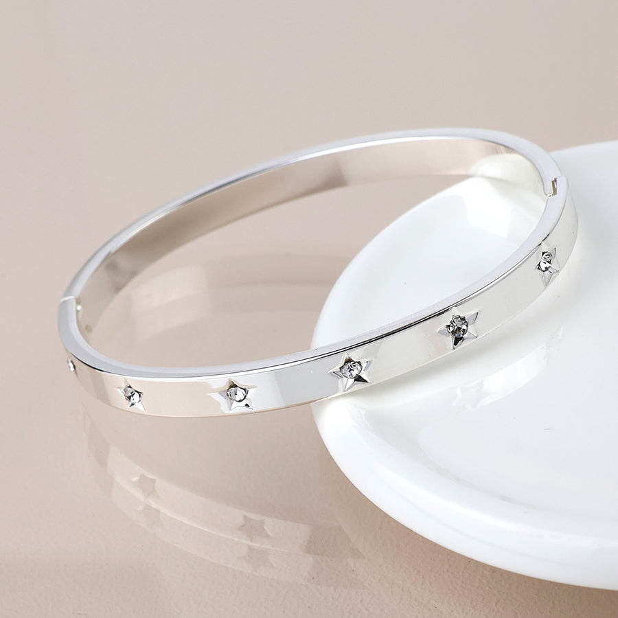 POM - Silver Plated Crystal Stars Hinged Bangle