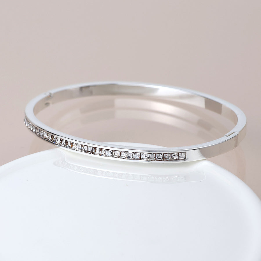 POM - Silver Plated Clear Crystals Hinged Bangle