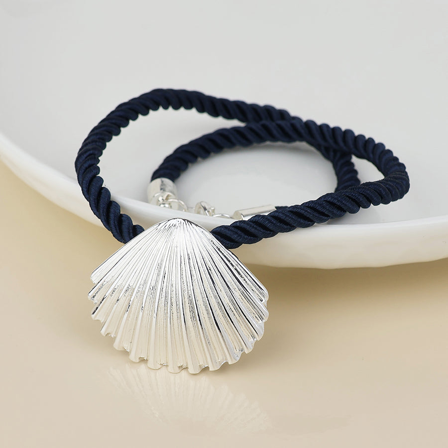 POM - Silver Plated Teal Cord Clam Shell Necklace