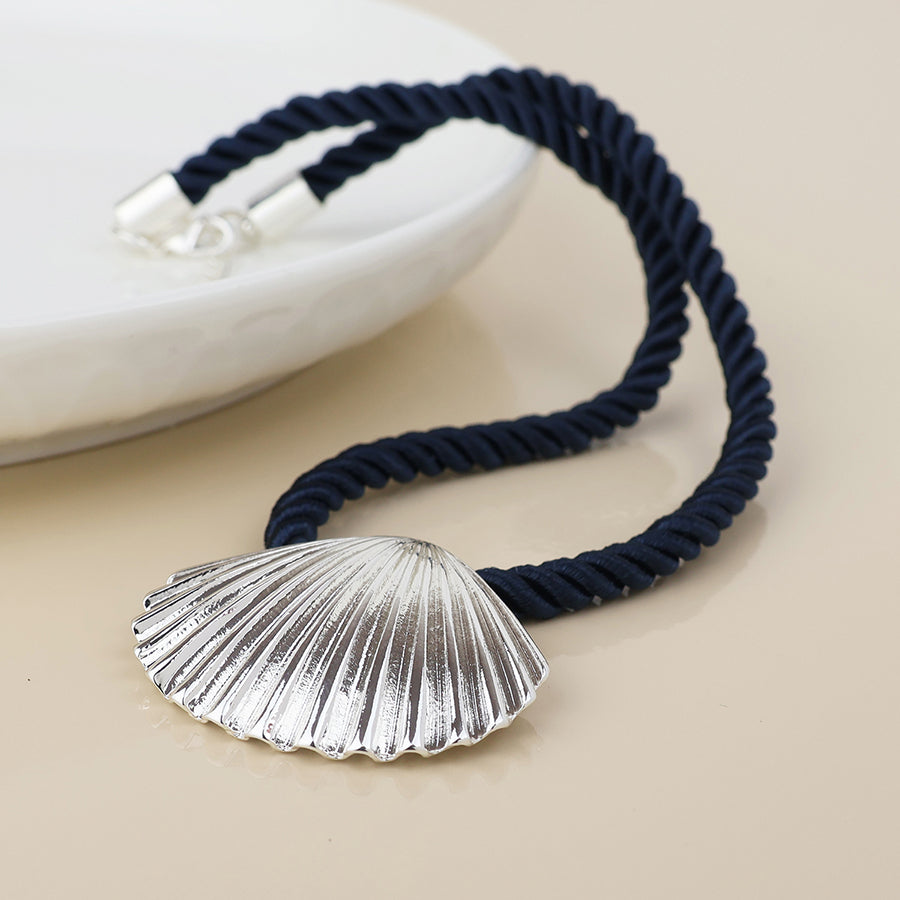 POM - Silver Plated Teal Cord Clam Shell Necklace