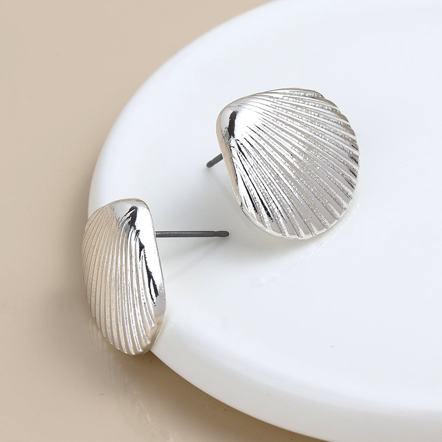 POM -Silver Plated Clam Shell Stud Earrings