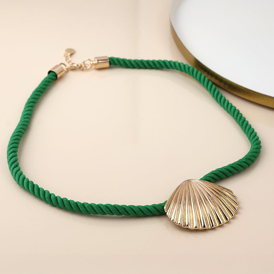 POM - Silver Plated Green Cord Clam Shell Necklace
