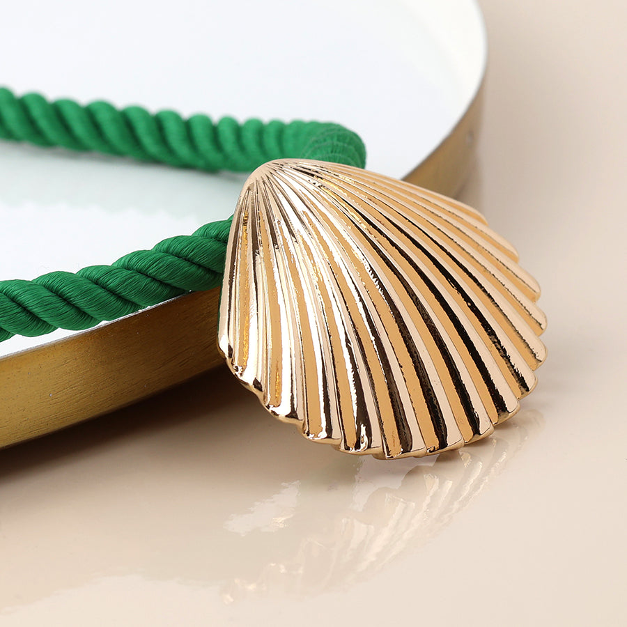 POM - Silver Plated Green Cord Clam Shell Necklace