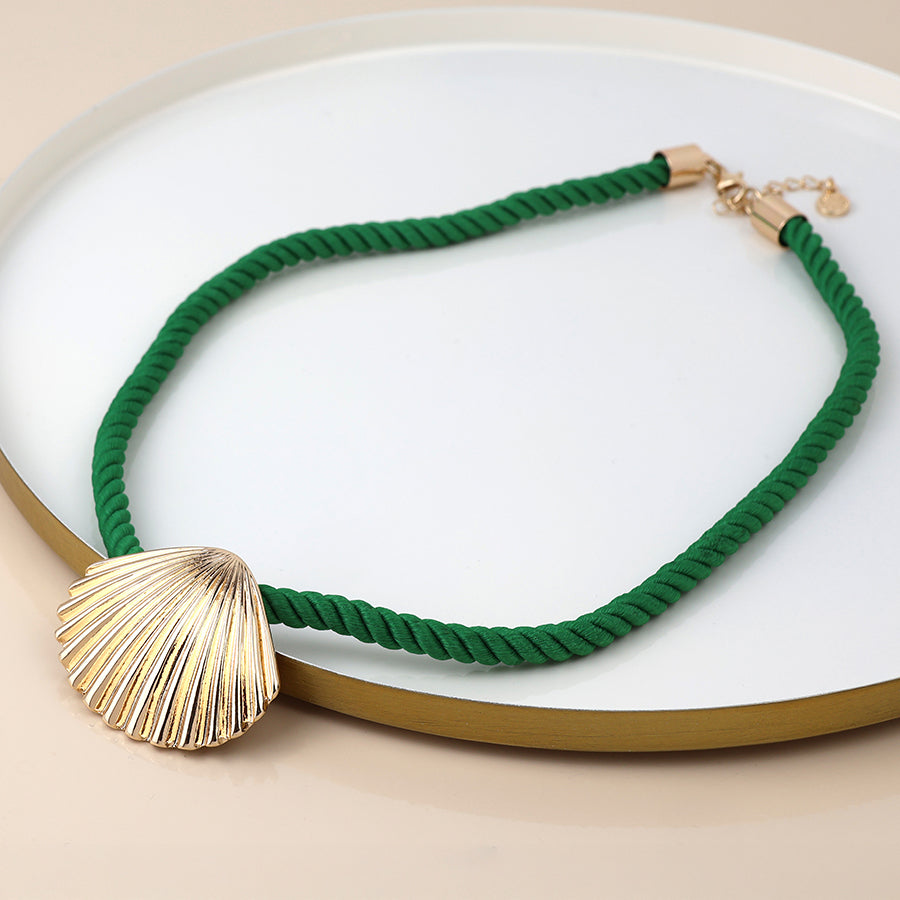 POM - Silver Plated Green Cord Clam Shell Necklace