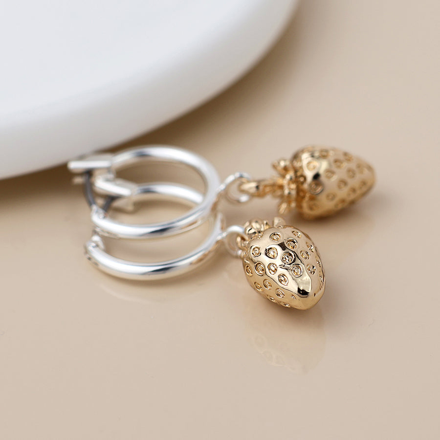 POM -Silver Plated Hoop & Golden Strawberry Earrings