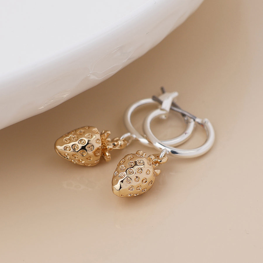 POM -Silver Plated Hoop & Golden Strawberry Earrings