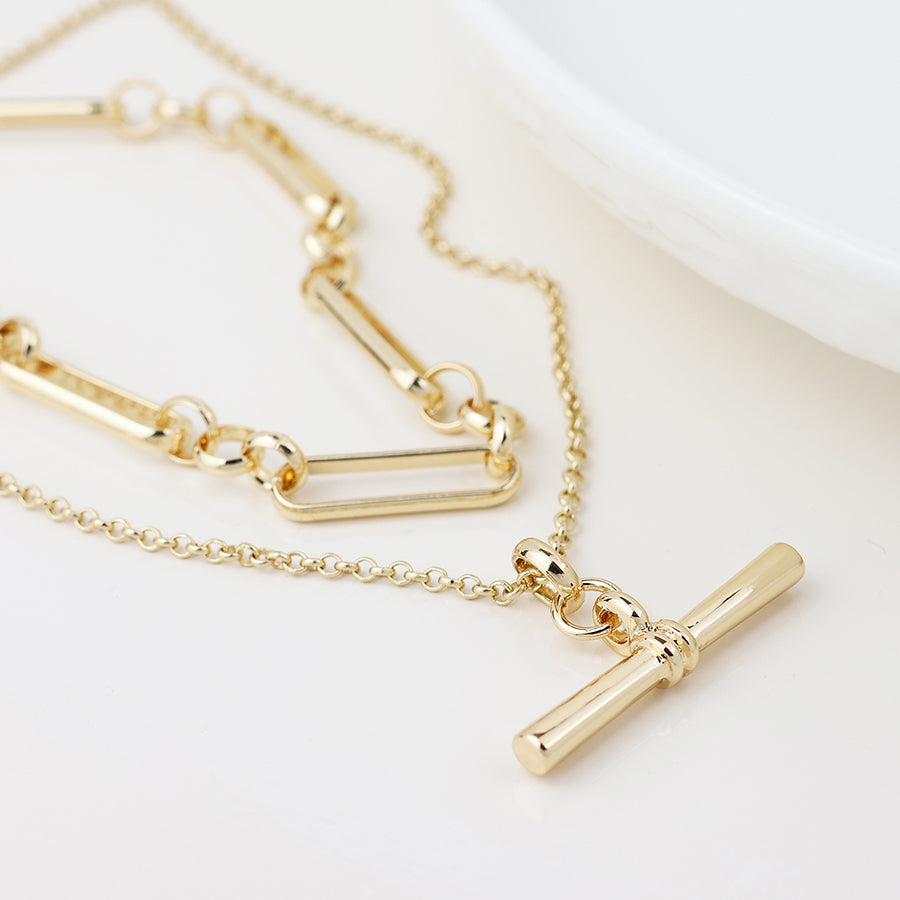 POM - Golden Layered Chain & T-bar Necklace