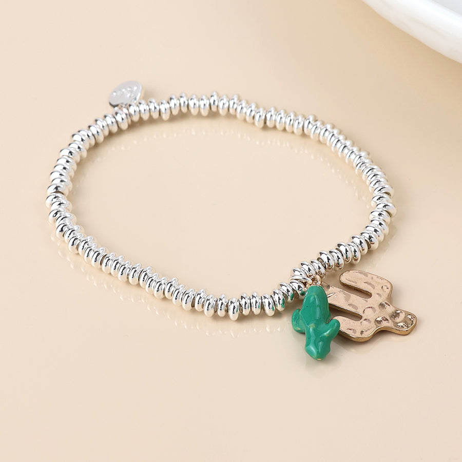 POM -Silver Plated Stretch Beaded Bracelet with Gold and Green Cactus Charms