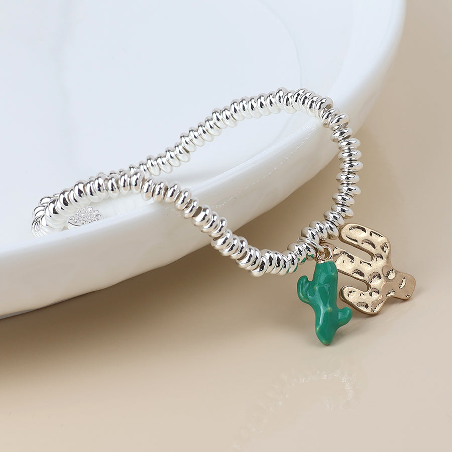 POM -Silver Plated Stretch Beaded Bracelet with Gold and Green Cactus Charms