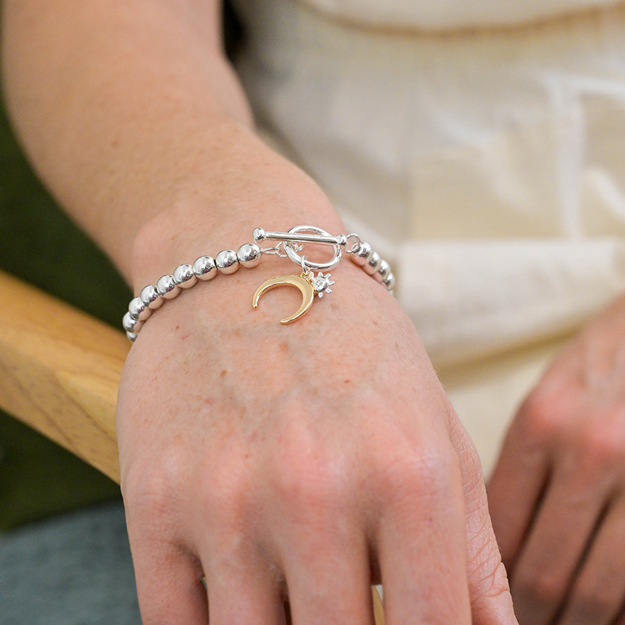 POM -Silver Plated Bead, Little Sun and Gold Moon Charm Bracelet