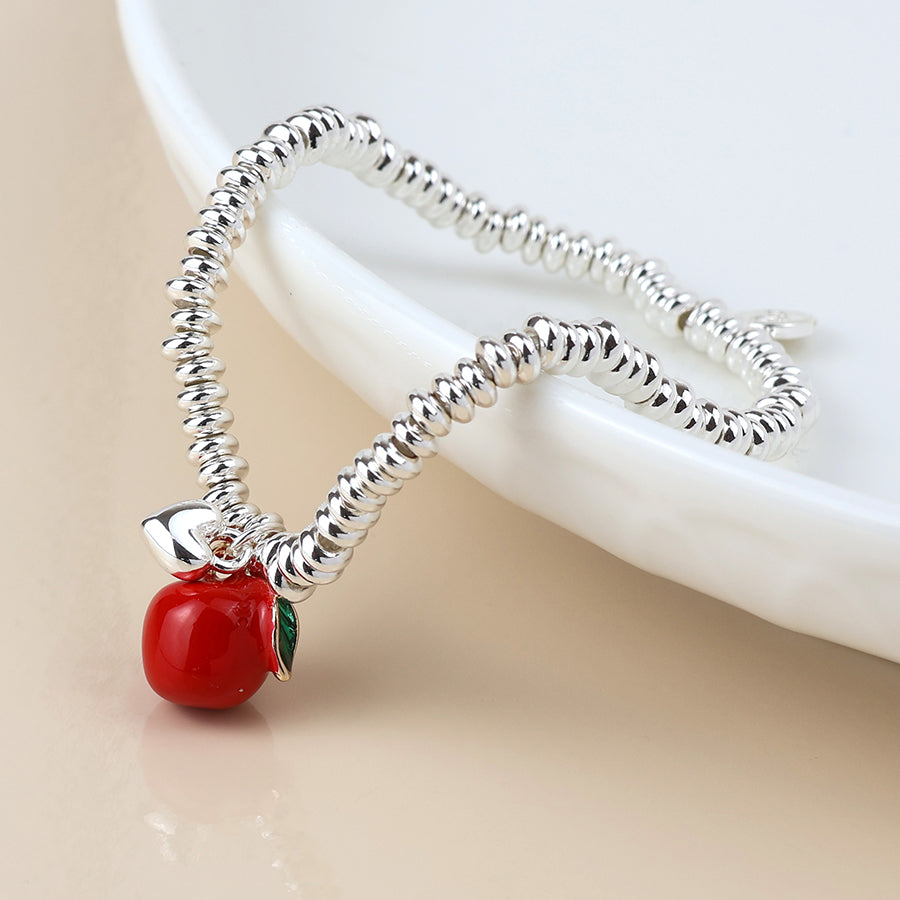 POM -Silver Plated Bead, Heart and Red Apple Charm Bracelet