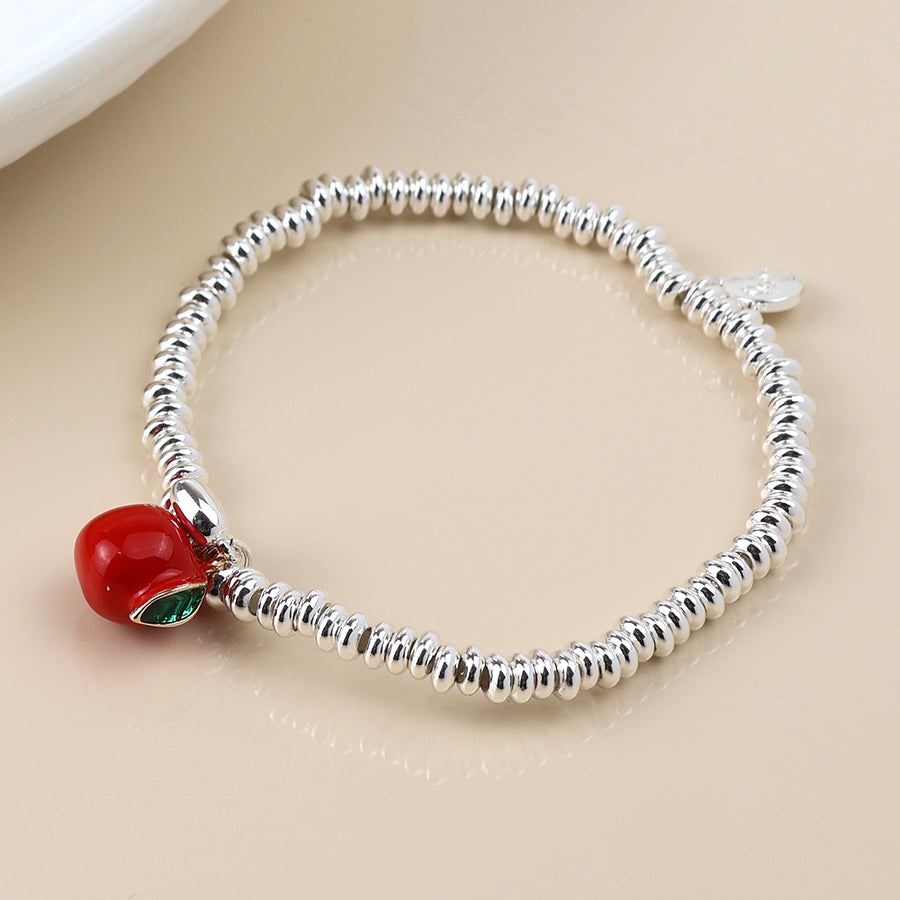 POM -Silver Plated Bead, Heart and Red Apple Charm Bracelet