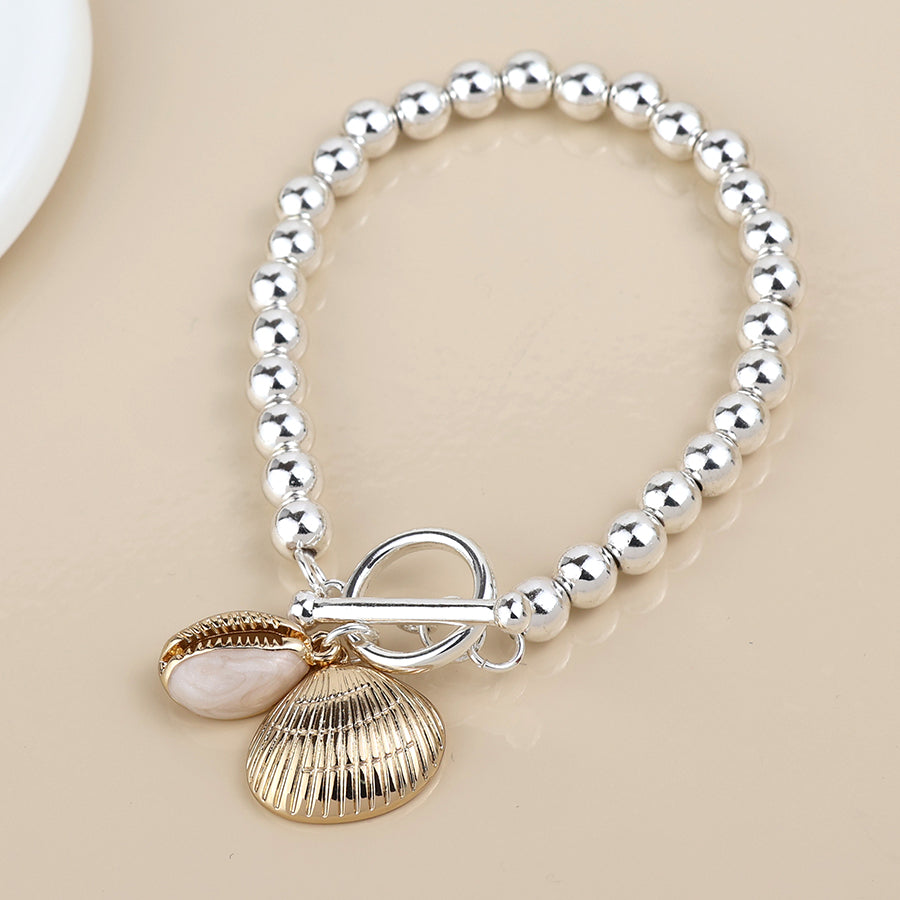POM -Silver Plated Bead, Golden Clam and Cowrie Shell Charm Bracelet