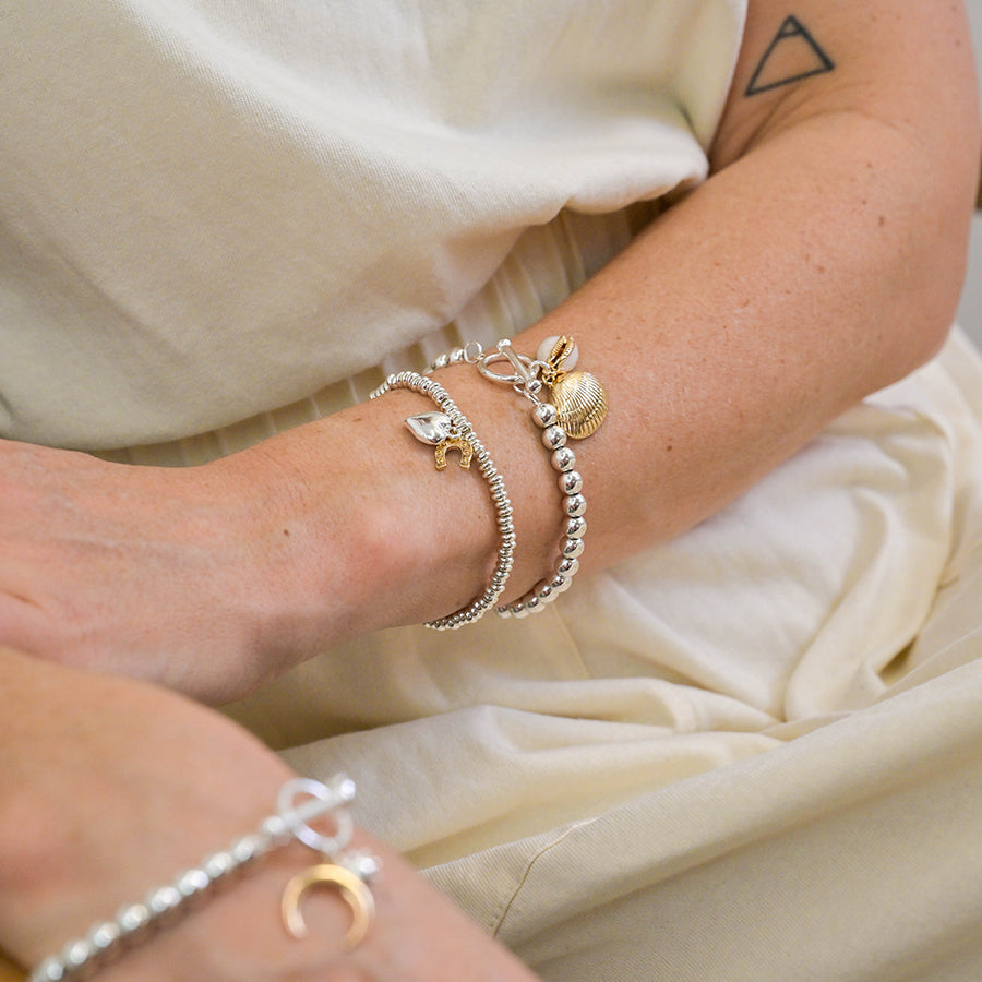 POM -Silver Plated Bead, Golden Clam and Cowrie Shell Charm Bracelet