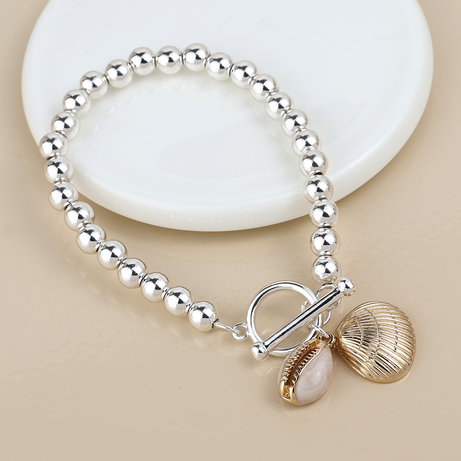 POM -Silver Plated Bead, Golden Clam and Cowrie Shell Charm Bracelet