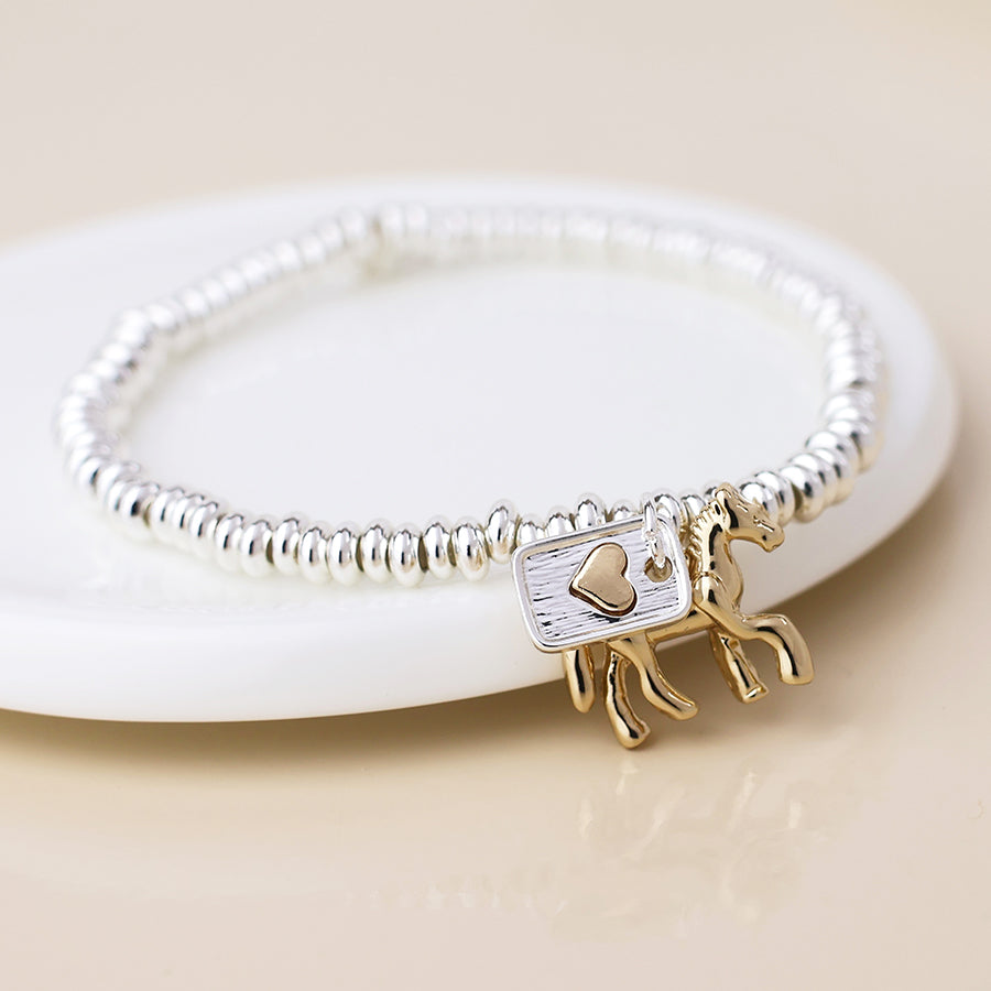 POM -Silver Plated Stretch Bracelet with Horse and Heart Motif Charms