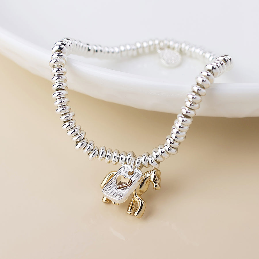 POM -Silver Plated Stretch Bracelet with Horse and Heart Motif Charms