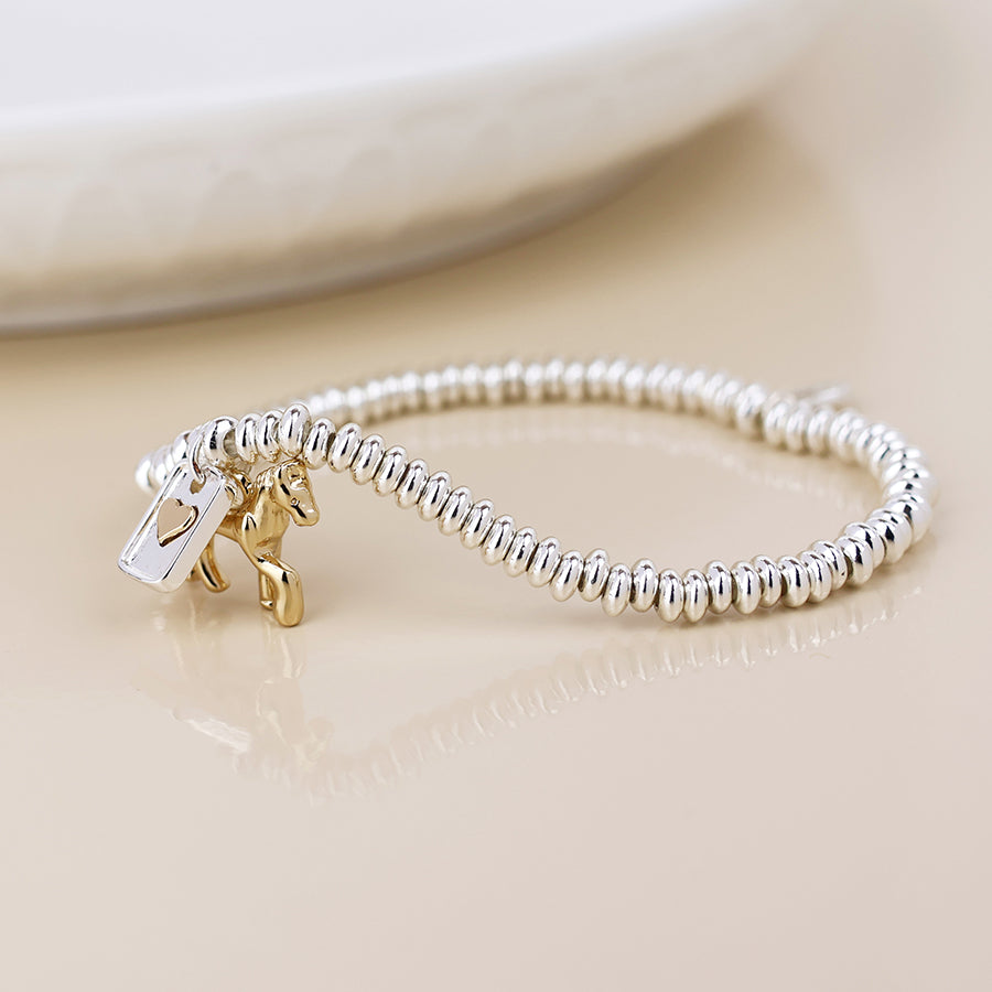POM -Silver Plated Stretch Bracelet with Horse and Heart Motif Charms