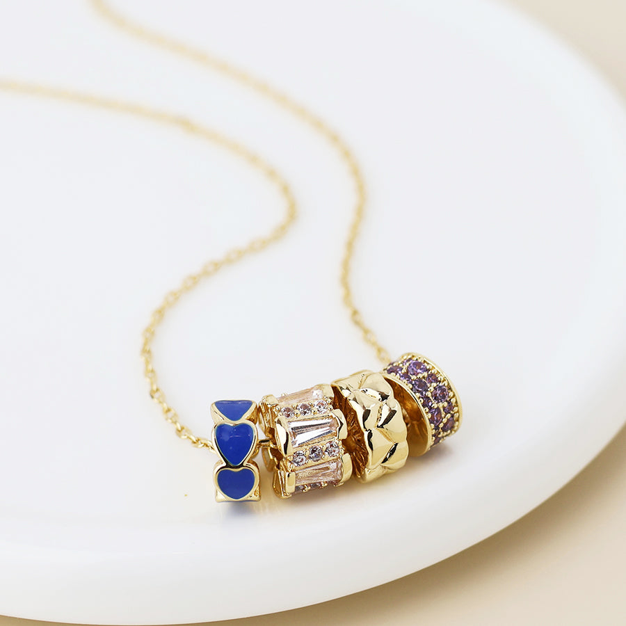 POM - Golden Mixed Crystal and Blue Rings Necklace