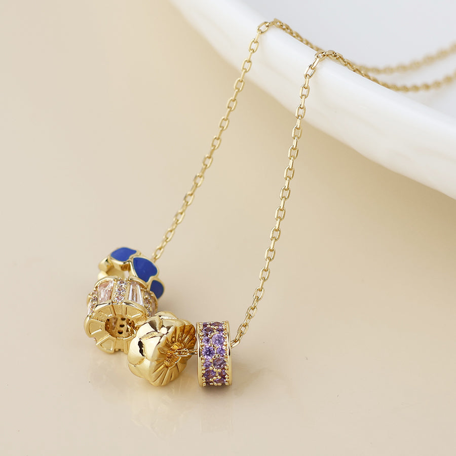 POM - Golden Mixed Crystal and Blue Rings Necklace