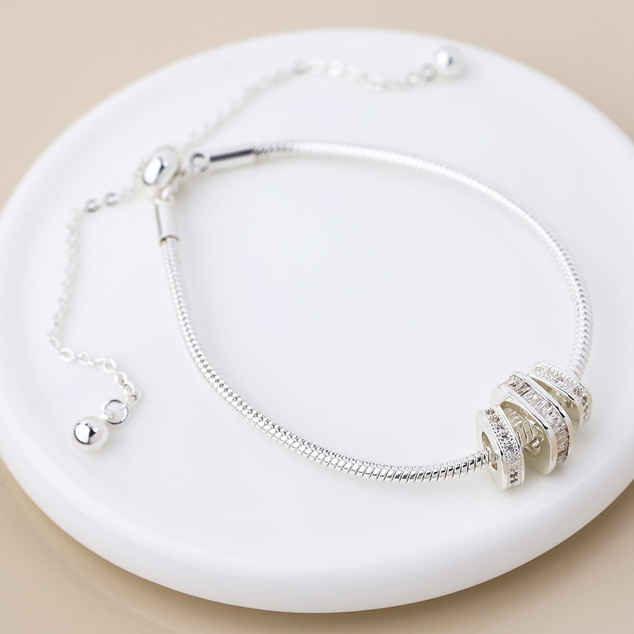 POM -Silver Plated Simple Crystal Square Rings Bracelet