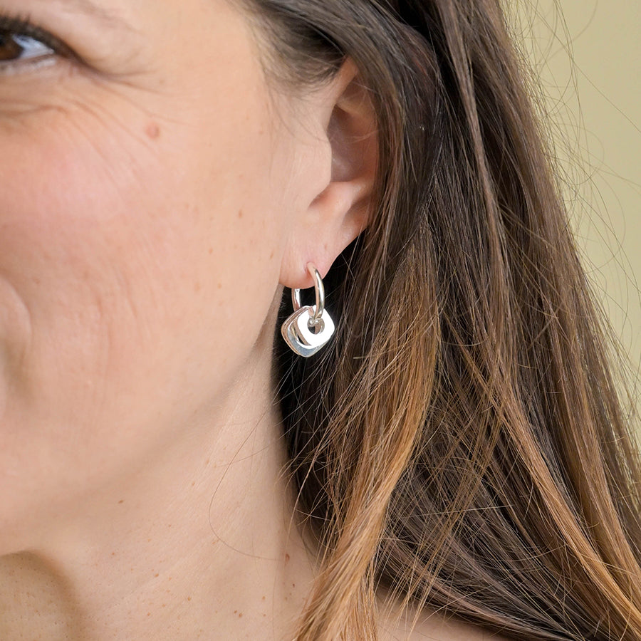 POM - Silver Plated Hoop & Square Crystal Ring Hoop Earrings