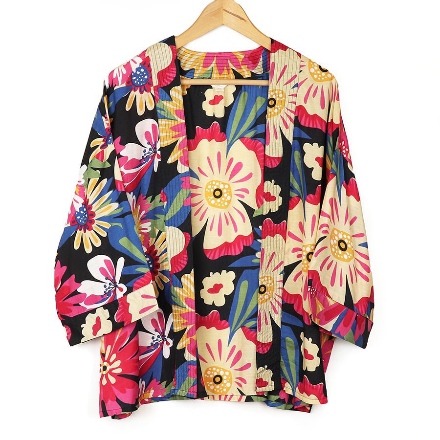 Coral &  Blue Mix Hibiscus Print Kimono