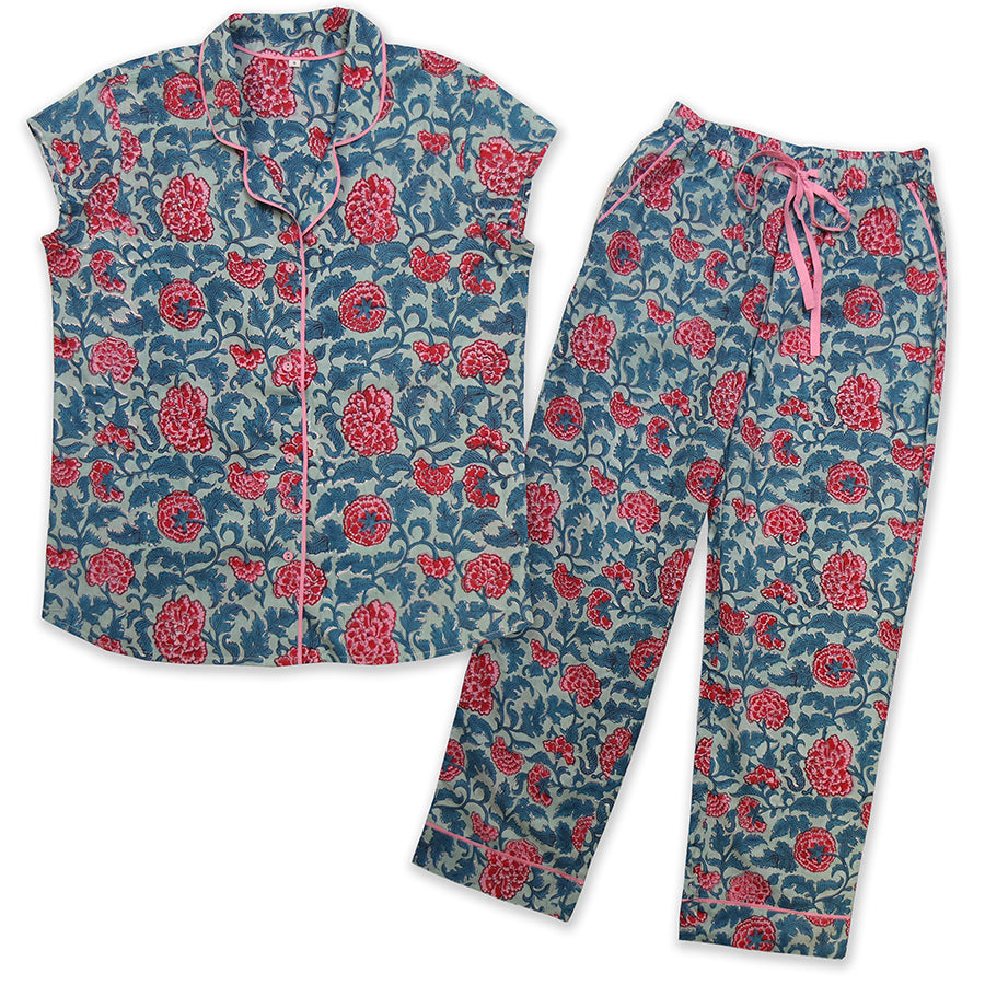 Turquoise & Magenta Mix Peony Print Cap Sleeve Cotton Pyjama Set M/L