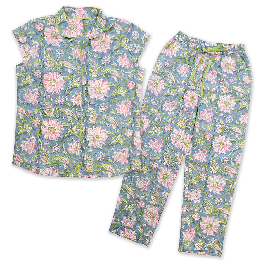 Pale Blue & Pink Dahlia Print Cap Sleeve Cotton Pyjama Set S/M
