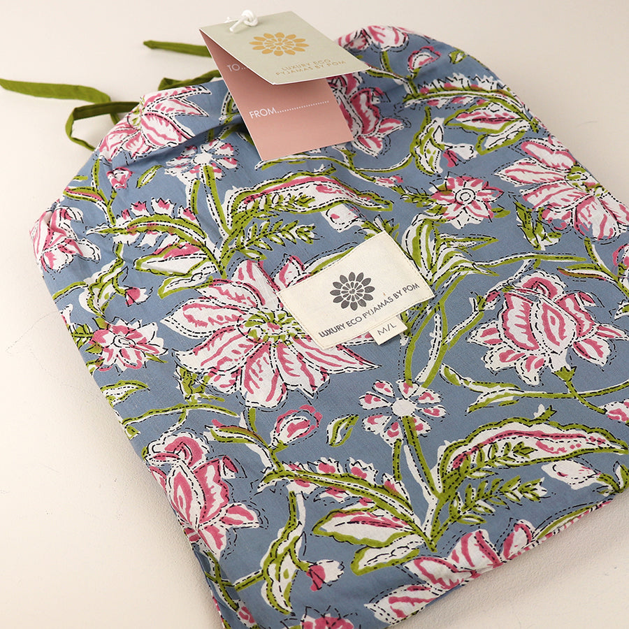 Pale Blue & Pink Dahlia Print Cap Sleeve Cotton Pyjama Set S/M