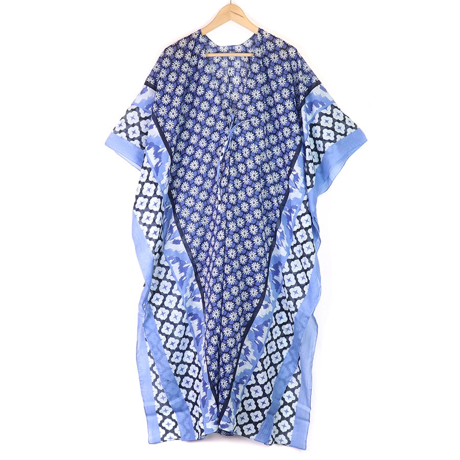 POM - Blue Mix Floral Tile Print Cotton Kaftan