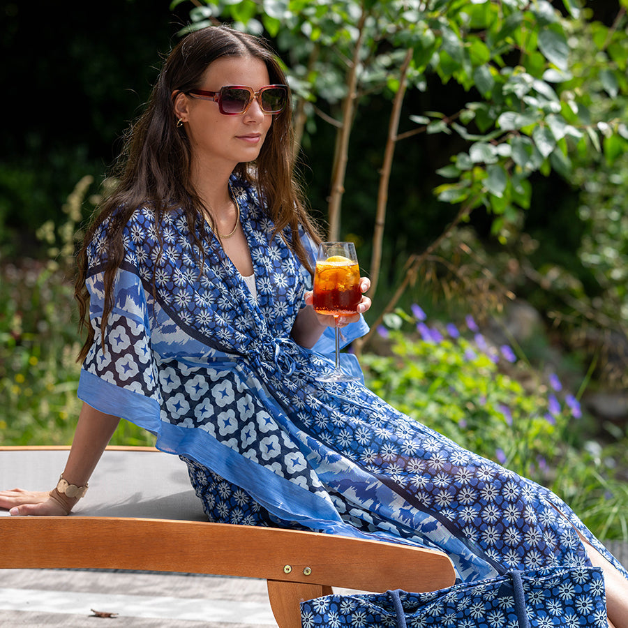 POM - Blue Mix Floral Tile Print Cotton Kaftan