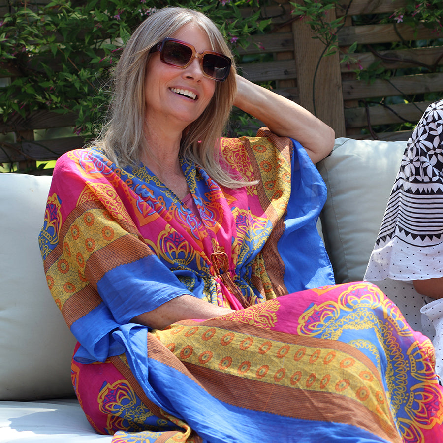 POM - Pink & Blue Mix Mandala Print Cotton Kaftan