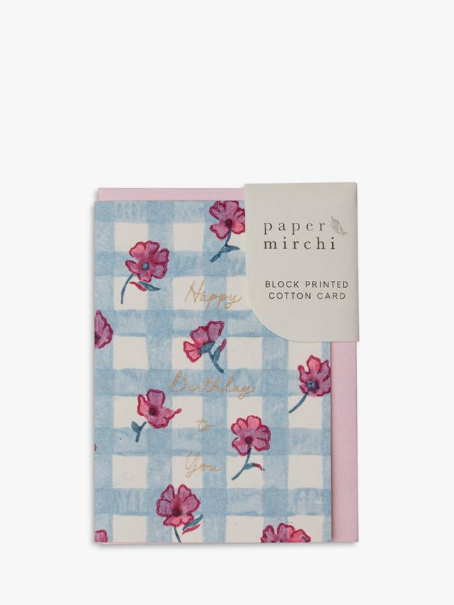 Gingham Pink Sorbet Happy Birthday - Hand Block Printed Greeting Card