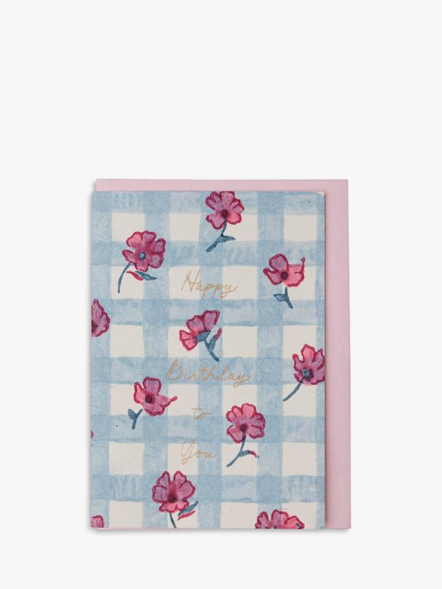 Gingham Pink Sorbet Happy Birthday - Hand Block Printed Greeting Card