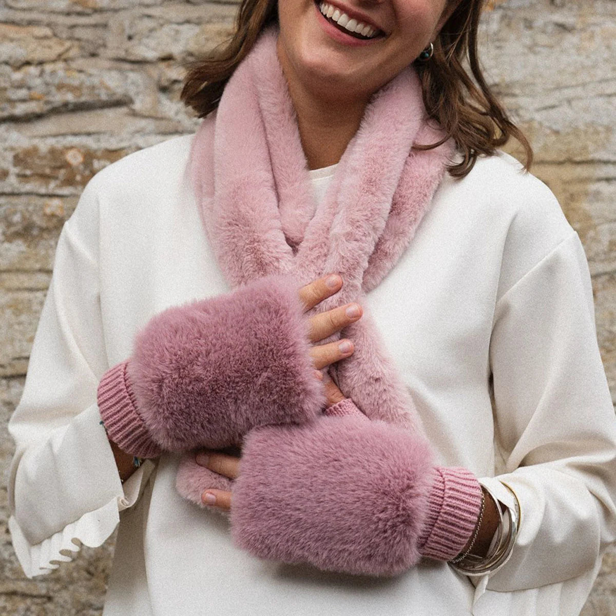 Faux Fur Fingerless Gloves - Pink