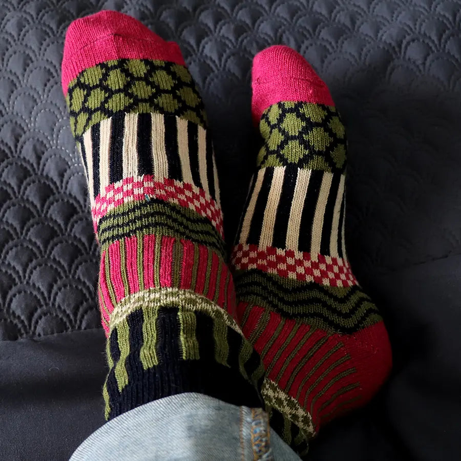 Raspberry and Olive Multi Knit Socks