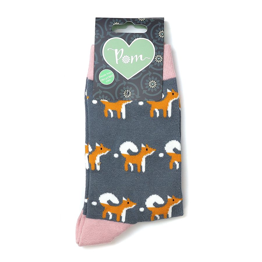 Grey & Pink Fox Themed Organic Cotton Blend Socks