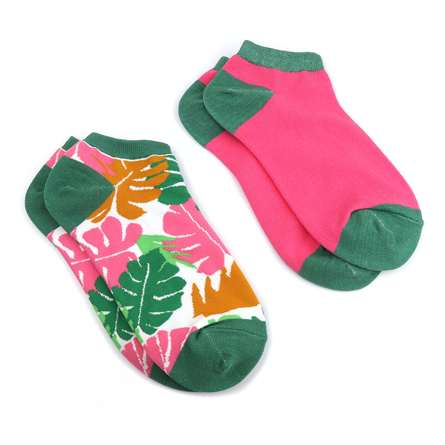 Pink and Khaki Mix Monstera Leaf Trainer Sock Duo